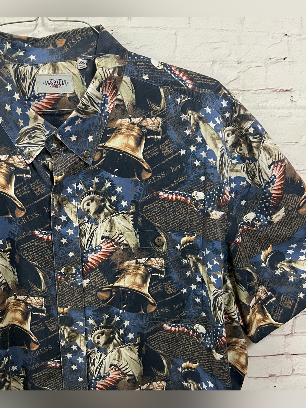 American Legacy Men 2X Statue Liberty bell July 4 Button Shirt 250th Patriotic